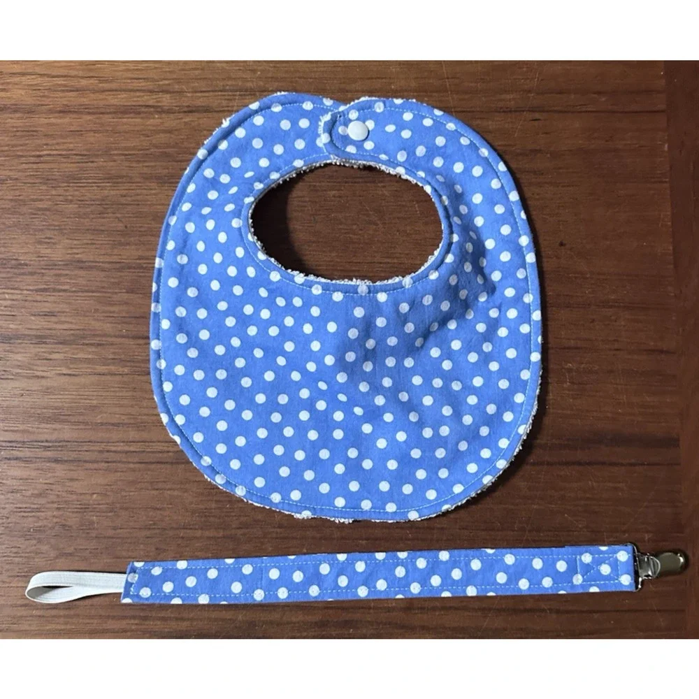 Handmade Baby Bib Gift Set Bib & Pacifier Clip Blue White Polka Dot